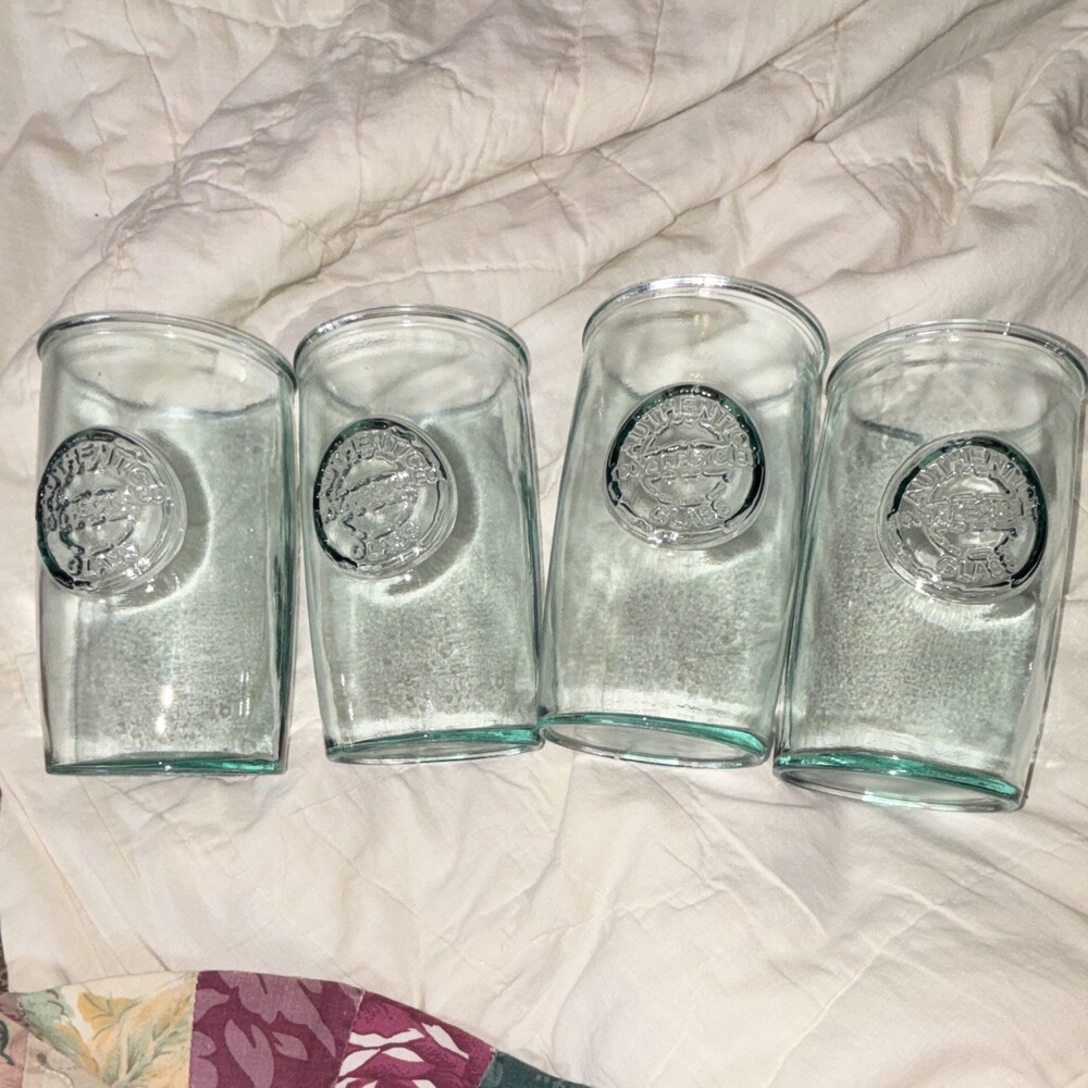 Set of 4 Clear Glass Tumbler Glasses Embossed Medallion Logo
